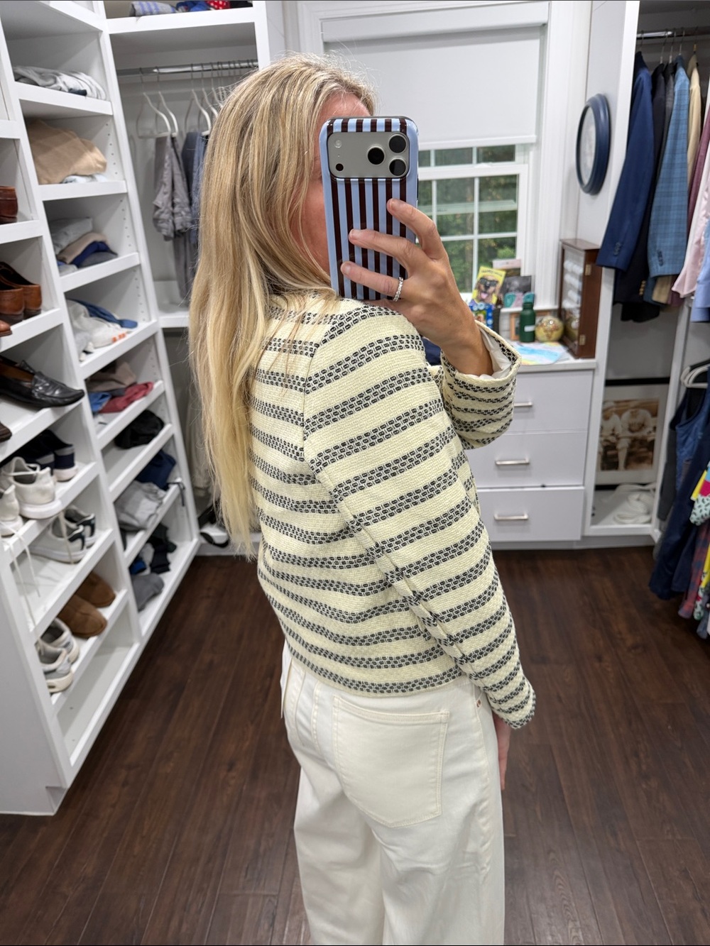 Amazon Cream & Navy Striped Double-Breasted Knit Jacket - Picture 6 of 7